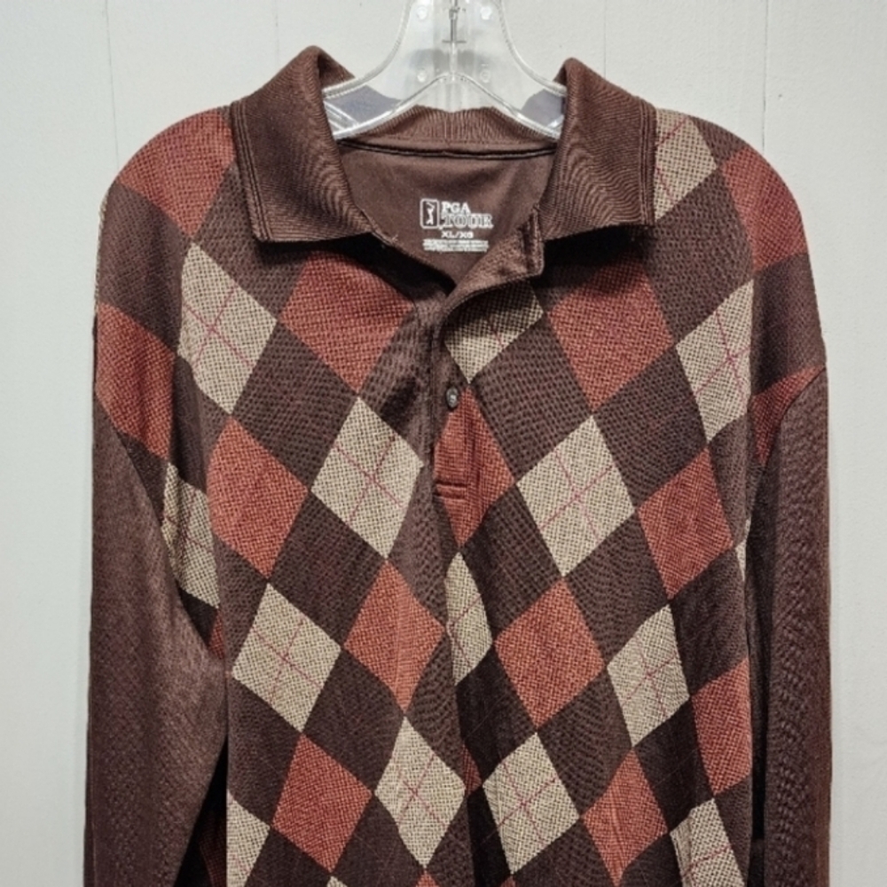 PGA Tour Long Sleeve Shirt Men's XL Henley Brown  Argyle Golf Button Office B300